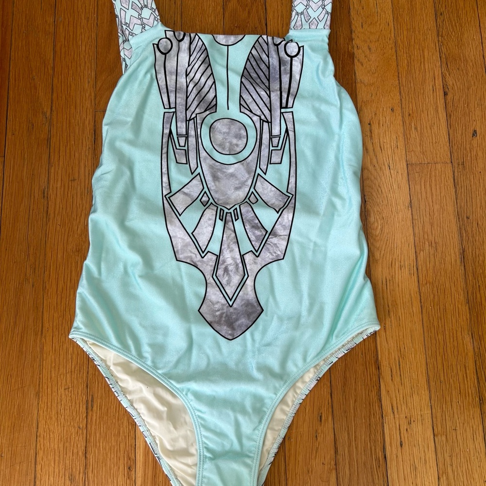 Cia Martina luxury Brazilian brand NWT graphic one piece aqua blue
